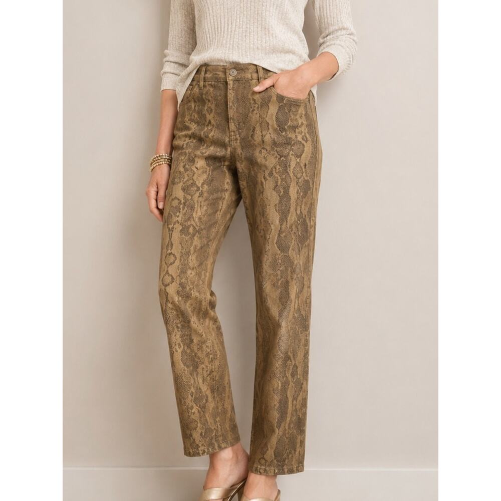 Chico’s Snake Print Stretch Pants Women’s Size 10 Brown Slim Straight
